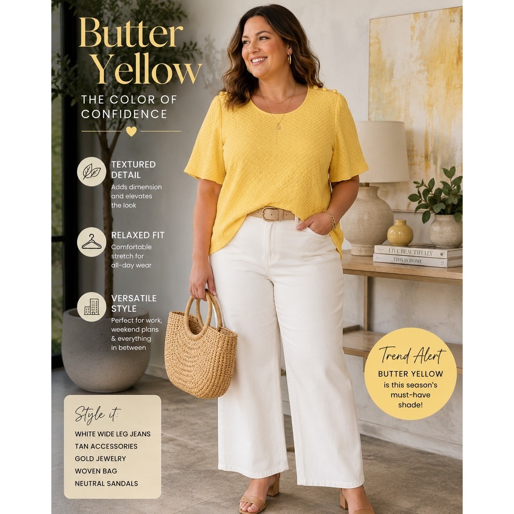 Liz Claiborne Women's Plus Size 2X Butter Yellow Textured Button Shoulder Top